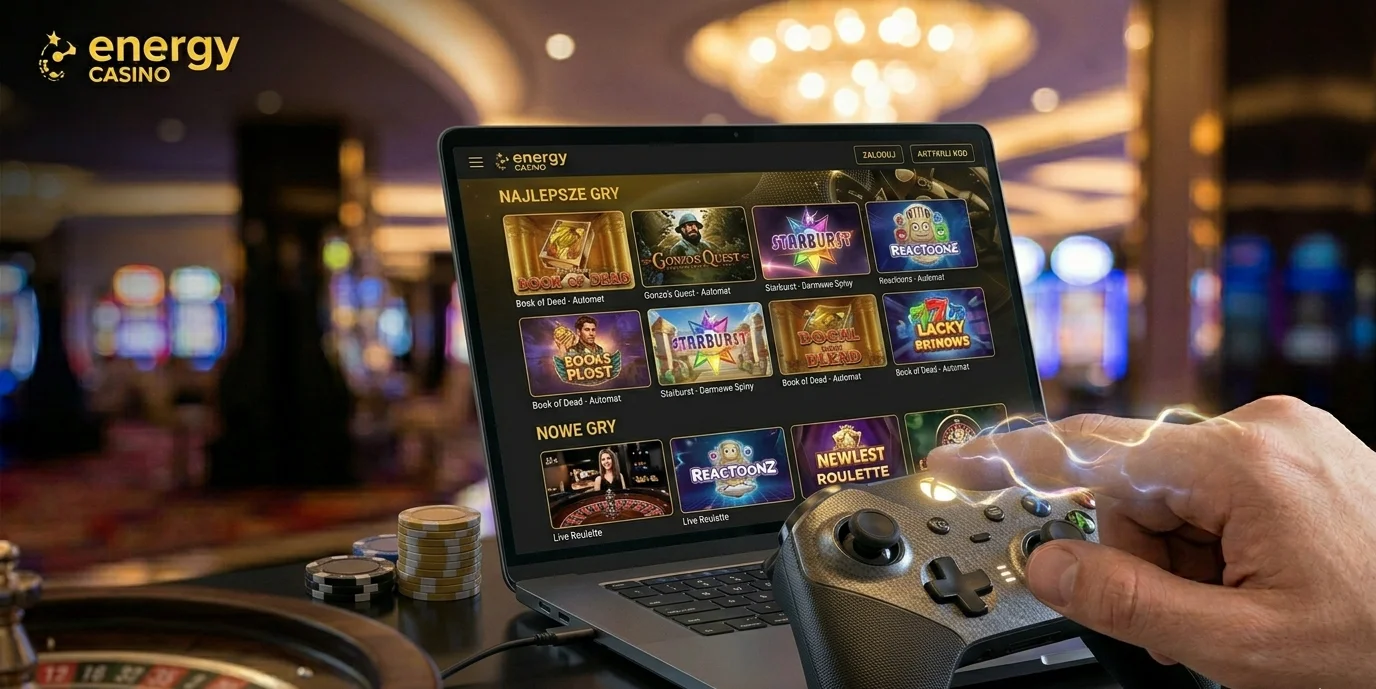 Biblioteka slotów Energy Casino na laptopie